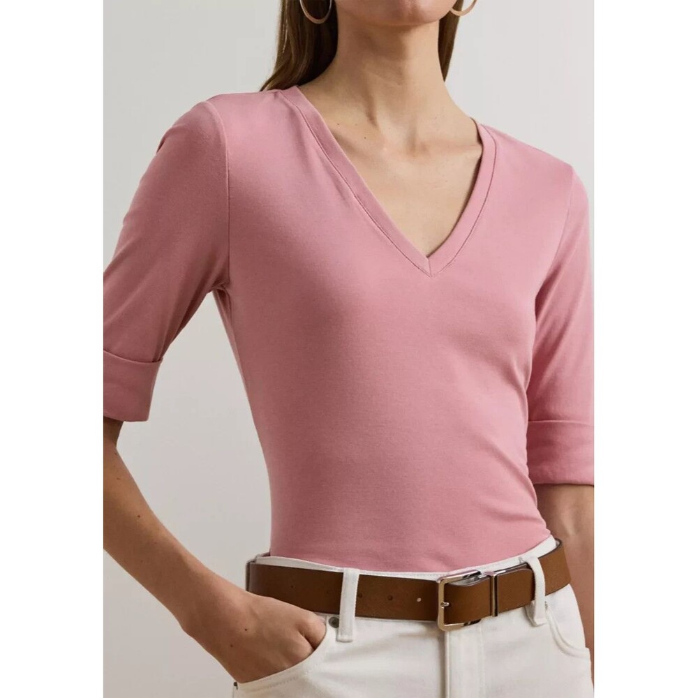 Lauren Ralph Lauren Women's Stretch Cotton Elbow Sleeve V-Neck T-Shirt Mauve L